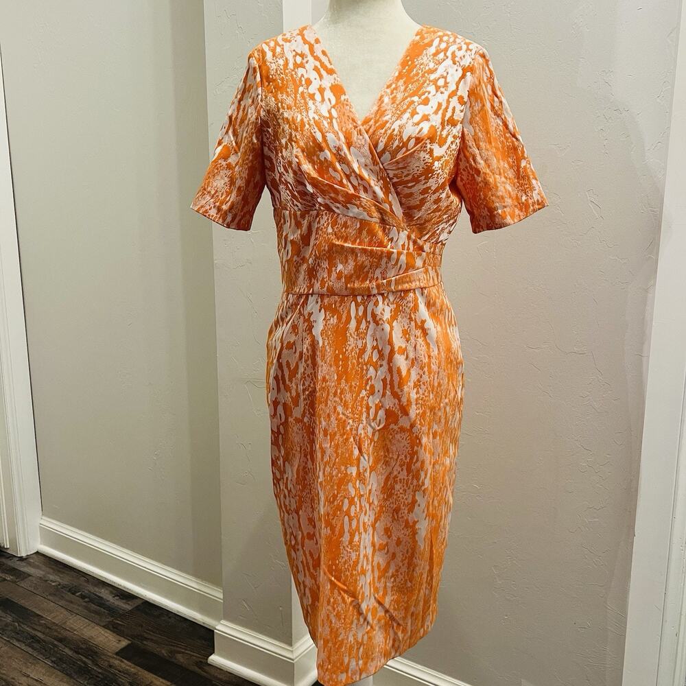 Bigio Women’s Orange Sheath Dress Short Sleeve V Neck Size 8 (A0128)